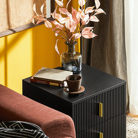 Rootz Modern Bedside Table with 2 Drawers - Sofa Table - Side Table - Scratch-Resistant Floor Protectors - Elegant Black and Gold Design - Easy Assembly - 40cm x 47cm x 40cm