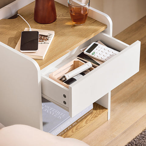 Rootz Bedside Table - Nightstand - Bedroom Organizer - Enhances Privacy - 45x55x40cm - PB and MDF Material - Convenient Charging Feature
