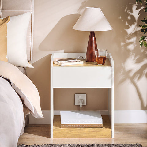 Rootz Bedside Table - Nightstand - Bedroom Organizer - Enhances Privacy - 45x55x40cm - PB and MDF Material - Convenient Charging Feature
