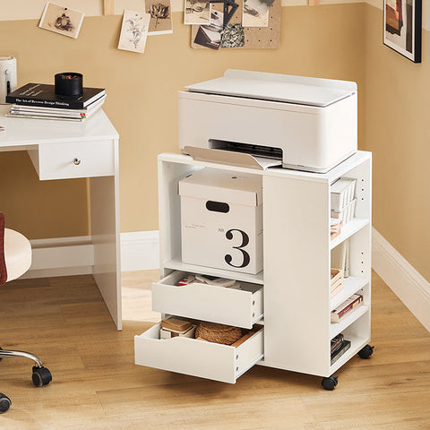 Rootz Mobile Printer Table - Filing Cart - Side Table - Adjustable Storage Shelves - Lockable Wheels - Easy Assembly - White MDF - 60cm x 71cm x 35cm
