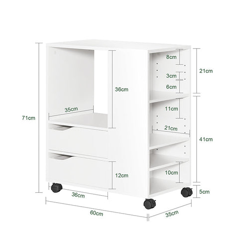 Rootz Mobile Printer Table - Filing Cart - Side Table - Adjustable Storage Shelves - Lockable Wheels - Easy Assembly - White MDF - 60cm x 71cm x 35cm