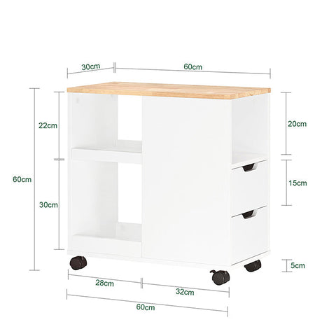 Rootz Mobile Printer Table - Filing Cart - Side Table - Versatile Storage with Drawers and Compartments - Lockable Wheels - Easy Assembly - White-Natural Finish - 30cm x 60cm x 60cm
