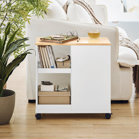Rootz Mobile Printer Table - Filing Cart - Side Table - Versatile Storage with Drawers and Compartments - Lockable Wheels - Easy Assembly - White-Natural Finish - 30cm x 60cm x 60cm
