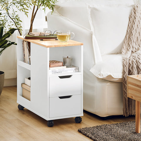 Rootz Mobile Printer Table - Filing Cart - Side Table - Versatile Storage with Drawers and Compartments - Lockable Wheels - Easy Assembly - White-Natural Finish - 30cm x 60cm x 60cm