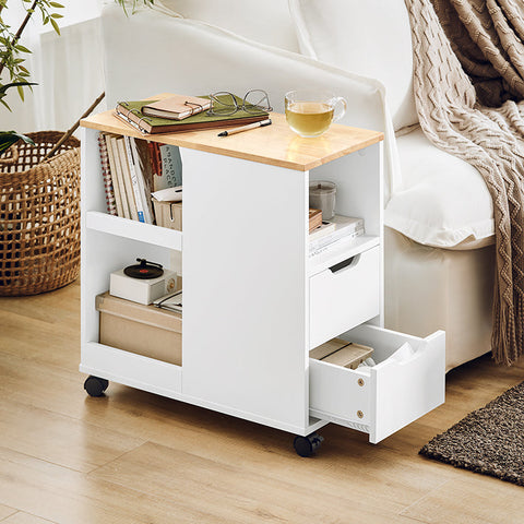 Rootz Mobile Printer Table - Filing Cart - Side Table - Versatile Storage with Drawers and Compartments - Lockable Wheels - Easy Assembly - White-Natural Finish - 30cm x 60cm x 60cm