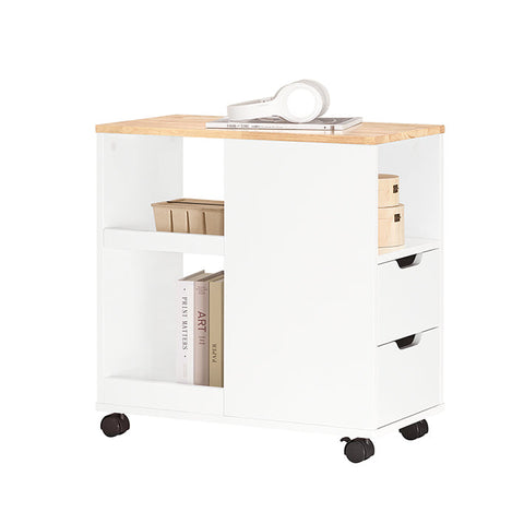 Rootz Mobile Printer Table - Filing Cart - Side Table - Versatile Storage with Drawers and Compartments - Lockable Wheels - Easy Assembly - White-Natural Finish - 30cm x 60cm x 60cm