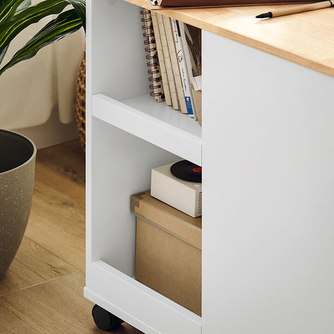 Rootz Mobile Printer Table - Filing Cart - Side Table - Versatile Storage with Drawers and Compartments - Lockable Wheels - Easy Assembly - White-Natural Finish - 30cm x 60cm x 60cm