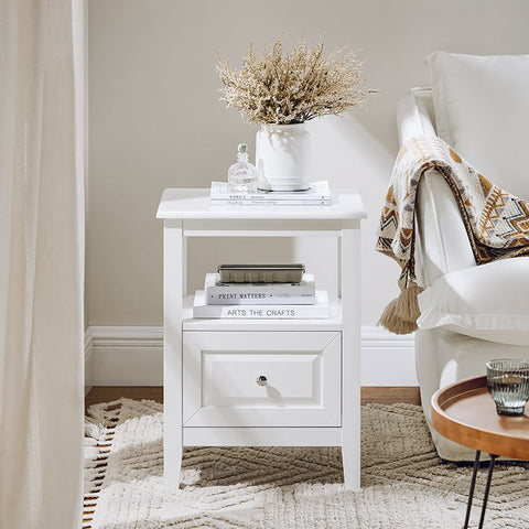 Rootz Bedside Table - Side Table with Drawer - Nightstand - Sofa Table - Durable MDF & Pine Construction - Floor Protectors - Easy Assembly - 45cm x 60cm x 35cm