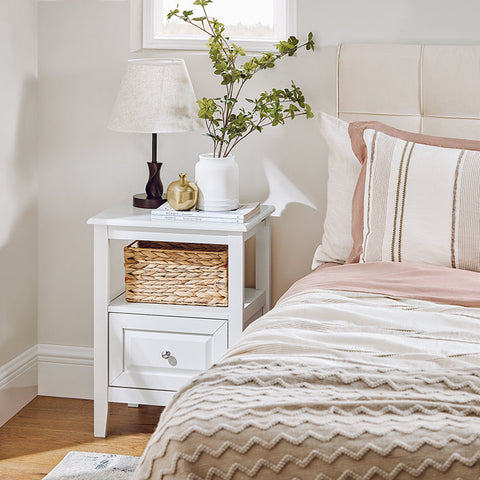 Rootz Bedside Table - Side Table with Drawer - Nightstand - Sofa Table - Durable MDF & Pine Construction - Floor Protectors - Easy Assembly - 45cm x 60cm x 35cm