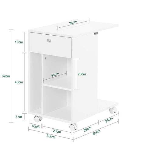 Rootz Bedside Table - Nightstand - Serving Cart - Space-Saving Design - MDF Material - 36x62x50cm - Rail for Tablet
