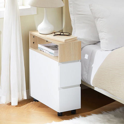 Rootz Bedside Table with Wheels - Nightstand - Side Table - Compact Design - 2 Drawers - 20cm x 61cm x 50cm