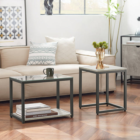 Rootz 2-Piece Nesting Table Set - Coffee Table with Glass Top - Side Tables - MDF and Iron Frame - Versatile Use - Stable & Non-Wobble Design - Easy Assembly - Large: 55cm x 44cm x 34cm, Small: 40cm x 50cm x 40cm