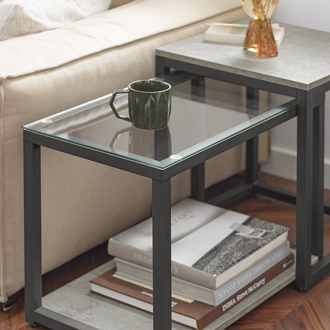 Rootz 2-Piece Nesting Table Set - Coffee Table with Glass Top - Side Tables - MDF and Iron Frame - Versatile Use - Stable & Non-Wobble Design - Easy Assembly - Large: 55cm x 44cm x 34cm, Small: 40cm x 50cm x 40cm