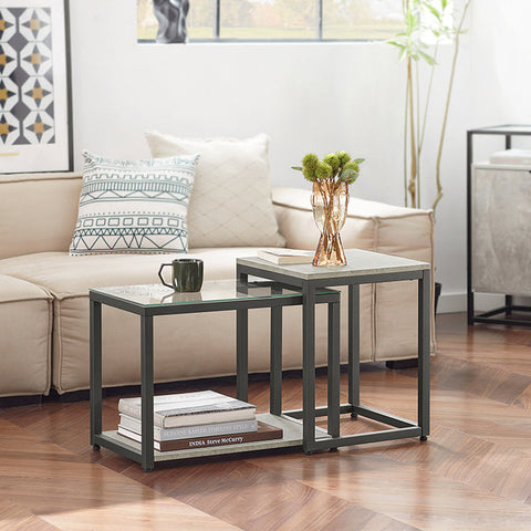 Rootz 2-Piece Nesting Table Set - Coffee Table with Glass Top - Side Tables - MDF and Iron Frame - Versatile Use - Stable & Non-Wobble Design - Easy Assembly - Large: 55cm x 44cm x 34cm, Small: 40cm x 50cm x 40cm