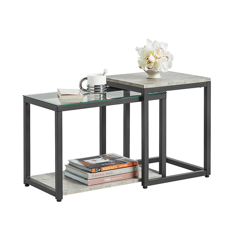 Rootz 2-Piece Nesting Table Set - Coffee Table with Glass Top - Side Tables - MDF and Iron Frame - Versatile Use - Stable & Non-Wobble Design - Easy Assembly - Large: 55cm x 44cm x 34cm, Small: 40cm x 50cm x 40cm