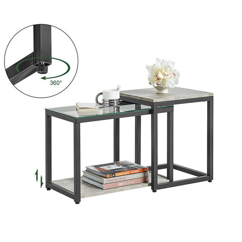 Rootz 2-Piece Nesting Table Set - Coffee Table with Glass Top - Side Tables - MDF and Iron Frame - Versatile Use - Stable & Non-Wobble Design - Easy Assembly - Large: 55cm x 44cm x 34cm, Small: 40cm x 50cm x 40cm