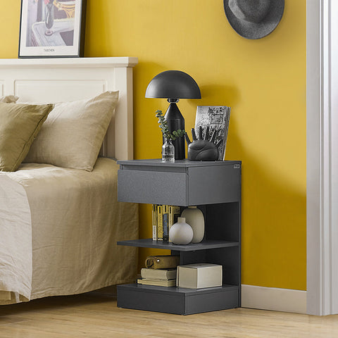 Rootz Bedside Table - Nightstand - Side Table - Chest of Drawers - Spacious Storage with 3 Shelves and Drawer - Compact Design Fits Narrow Spaces - Easy Assembly - Gray - 39cm x 65cm x 39cm