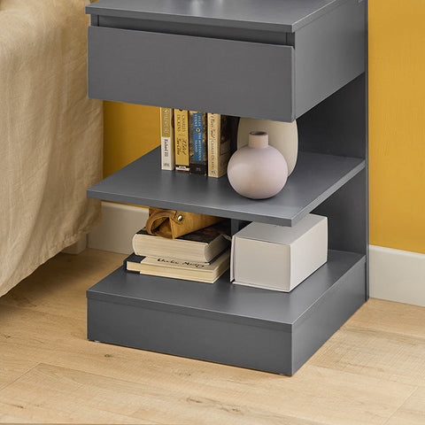 Rootz Bedside Table - Nightstand - Side Table - Chest of Drawers - Spacious Storage with 3 Shelves and Drawer - Compact Design Fits Narrow Spaces - Easy Assembly - Gray - 39cm x 65cm x 39cm
