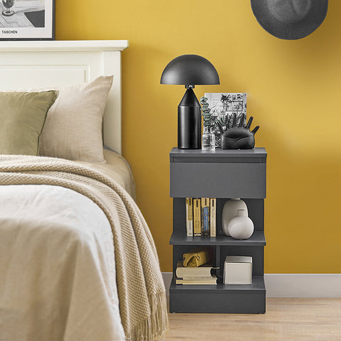 Rootz Bedside Table - Nightstand - Side Table - Chest of Drawers - Spacious Storage with 3 Shelves and Drawer - Compact Design Fits Narrow Spaces - Easy Assembly - Gray - 39cm x 65cm x 39cm