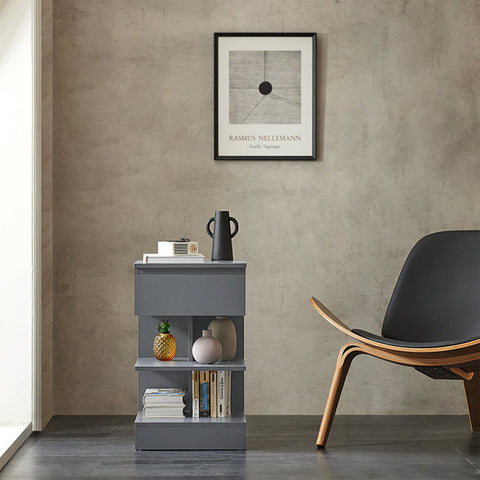 Rootz Bedside Table - Nightstand - Side Table - Chest of Drawers - Spacious Storage with 3 Shelves and Drawer - Compact Design Fits Narrow Spaces - Easy Assembly - Gray - 39cm x 65cm x 39cm