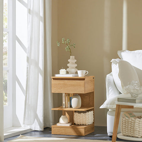 Rootz Bedside Table - Nightstand - Side Table - Chest of Drawers - Spacious Storage with 3 Shelves and Drawer - Compact Design Fits Narrow Spaces - Easy Assembly - 39cm x 65cm x 39cm - Natural Finish