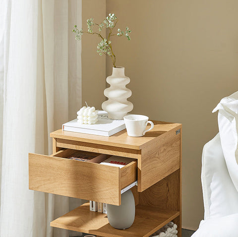 Rootz Bedside Table - Nightstand - Side Table - Chest of Drawers - Spacious Storage with 3 Shelves and Drawer - Compact Design Fits Narrow Spaces - Easy Assembly - 39cm x 65cm x 39cm - Natural Finish