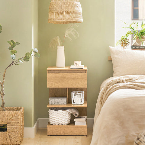 Rootz Bedside Table - Nightstand - Side Table - Chest of Drawers - Spacious Storage with 3 Shelves and Drawer - Compact Design Fits Narrow Spaces - Easy Assembly - 39cm x 65cm x 39cm - Natural Finish