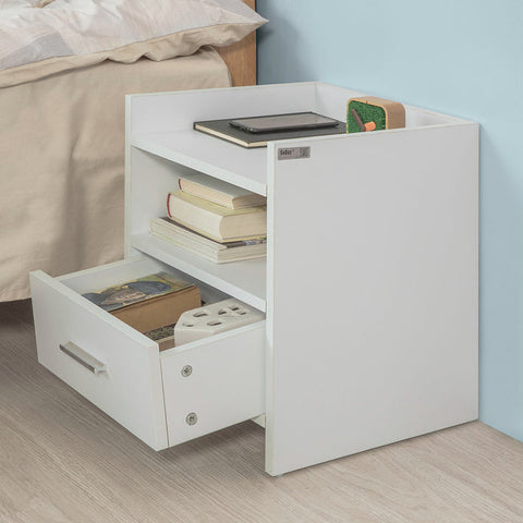 Rootz Nightstand White - Side Table - Bedside Table - Chipboard with Melamine Finish - Versatile Storage with 2 Shelves and Drawer - Ideal for Bedroom, Hallway, Office - 38cm x 45cm x 35cm