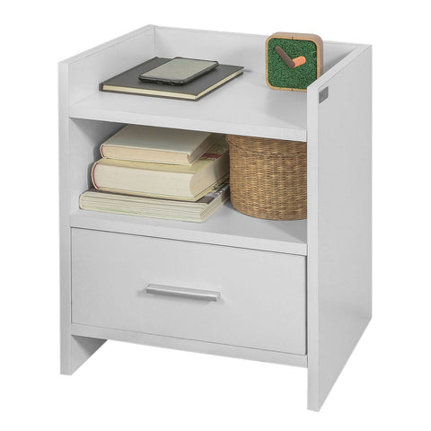 Rootz Nightstand White - Side Table - Bedside Table - Chipboard with Melamine Finish - Versatile Storage with 2 Shelves and Drawer - Ideal for Bedroom, Hallway, Office - 38cm x 45cm x 35cm