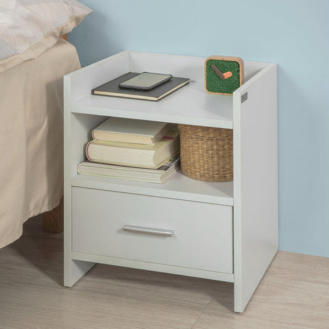 Rootz Nightstand White - Side Table - Bedside Table - Chipboard with Melamine Finish - Versatile Storage with 2 Shelves and Drawer - Ideal for Bedroom, Hallway, Office - 38cm x 45cm x 35cm