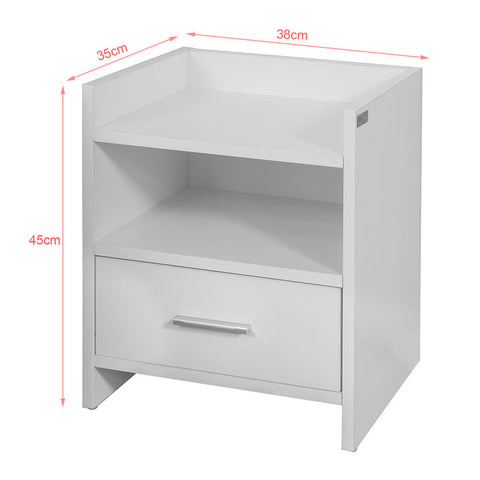 Rootz Nightstand White - Side Table - Bedside Table - Chipboard with Melamine Finish - Versatile Storage with 2 Shelves and Drawer - Ideal for Bedroom, Hallway, Office - 38cm x 45cm x 35cm
