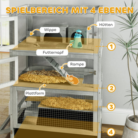 Rootz 4 Tier Wooden Hamster Cage - Rodent House - Small Animal Habitat - Easy Cleaning - 65 x 45 x 109 cm