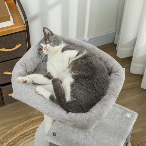 Rootz Scratching Post Cat Tower - Activity Center - Plush Bed - Protect Furniture - 44b x 34t x 104h cm - Grey