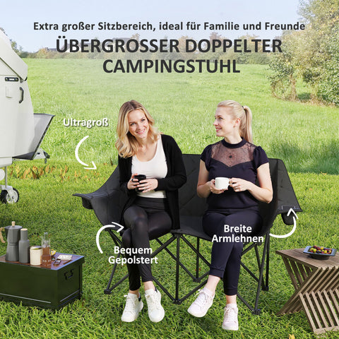 Rootz 2 Seated Camping Chair - Foldable - Outdoor Furniture - Supports Up to 250kg - Black - 145cm x 60cm x 92cm