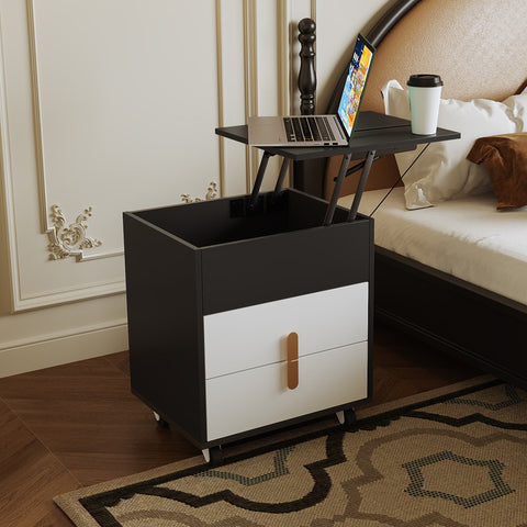 Rootz Bedside Table - Nightstand - Liftable Table - USB Charging - 74×40.2×71cm - Black+White