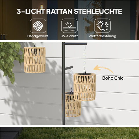 Rootz Solar Floor Lamp - Rattan Solar Lamps - Boho-Style Lights - Auto On/Off - IP44 Waterproof - 45x45x178cm