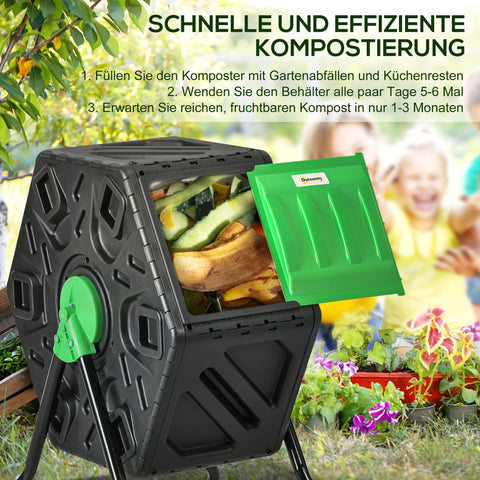 Rootz 65L Compost Container - Rotatable Composter - Thermal Compost Bin - Nutrient-Rich Compost - 60x49x77cm - Green+Black
