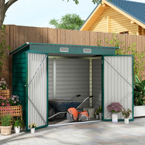 Rootz Steel Garden Tool Shed - Storage Shed - Equipment House - Secure Storage - 249b x 121t x 166/183h cm