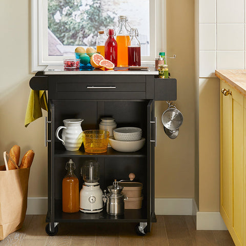 Rootz Modern Kitchen Trolley - Beverage Cart - Serving Trolley - Stainless Steel Top - Towel Holder - Mobile with Wheels - 83cm x 90cm x 46cm