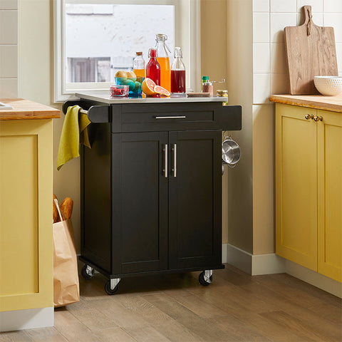 Rootz Modern Kitchen Trolley - Beverage Cart - Serving Trolley - Stainless Steel Top - Towel Holder - Mobile with Wheels - 83cm x 90cm x 46cm