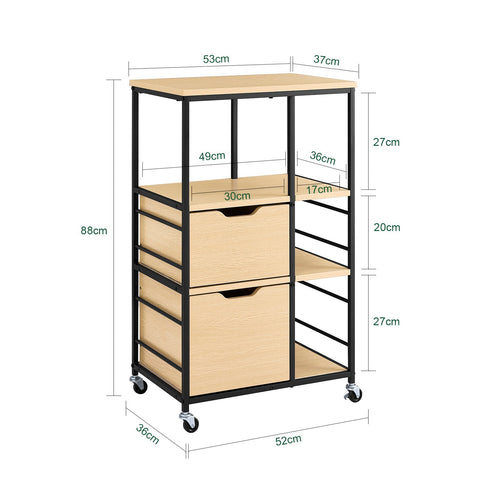 Rootz Kitchen Trolley - Serving Cart - Mobile Side Table - Versatile Storage - 2 Large Drawers, 3 Open Shelves, 80cm x 40cm x 90cm
