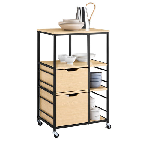 Rootz Kitchen Trolley - Serving Cart - Mobile Side Table - Versatile Storage - 2 Large Drawers, 3 Open Shelves, 80cm x 40cm x 90cm