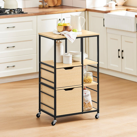 Rootz Kitchen Trolley - Serving Cart - Mobile Side Table - Versatile Storage - 2 Large Drawers, 3 Open Shelves, 80cm x 40cm x 90cm