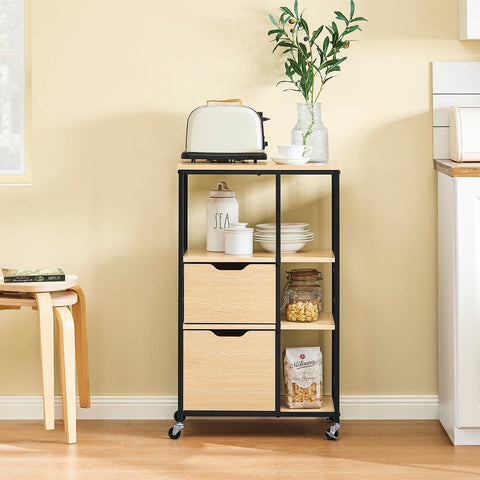 Rootz Kitchen Trolley - Serving Cart - Mobile Side Table - Versatile Storage - 2 Large Drawers, 3 Open Shelves, 80cm x 40cm x 90cm