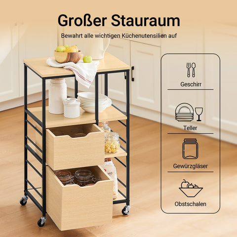 Rootz Kitchen Trolley - Serving Cart - Mobile Side Table - Versatile Storage - 2 Large Drawers, 3 Open Shelves, 80cm x 40cm x 90cm