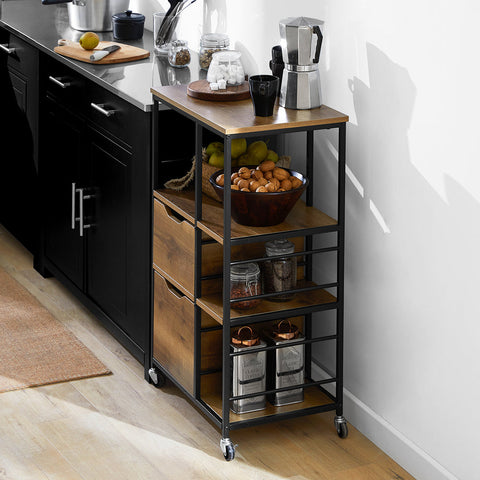 Rootz Kitchen Trolley - Serving Trolley - Multipurpose Cabinet - 3 Shelves, 3 Large Drawers, Mobile with Brakes - 53cm x 89cm x 37cm