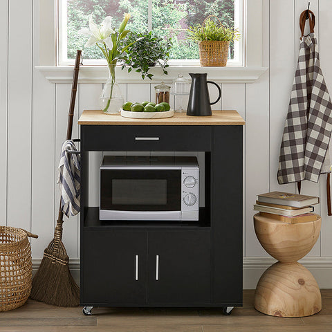 Rootz Kitchen Trolley - Sideboard - Serving Trolley - Kitchen Island - Mobile Storage Unit with Towel Holder - 82cm x 88cm x 46cm