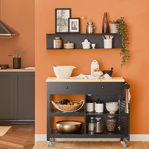 Rootz Kitchen Trolley - Serving Cart - Mobile Kitchen Island - Scratch-Resistant Rubberwood Top - Adjustable Shelf - Easy Maneuverability - 105cm x 85.5cm x 40cm