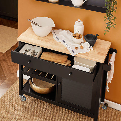 Rootz Kitchen Trolley - Serving Cart - Mobile Kitchen Island - Scratch-Resistant Rubberwood Top - Adjustable Shelf - Easy Maneuverability - 105cm x 85.5cm x 40cm