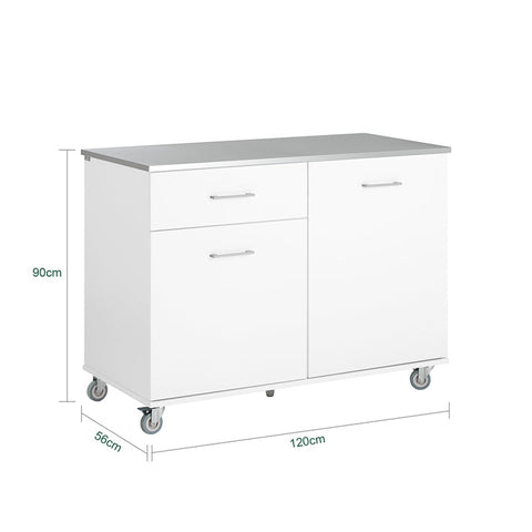 Rootz Kitchen Cabinet Trolley - Kitchen Island - Serving Cart - Stainless Steel Top - Adjustable Shelves - Easy Mobility with Lockable Wheels - Durable MDF Construction - 120cm x 90cm x 56cm